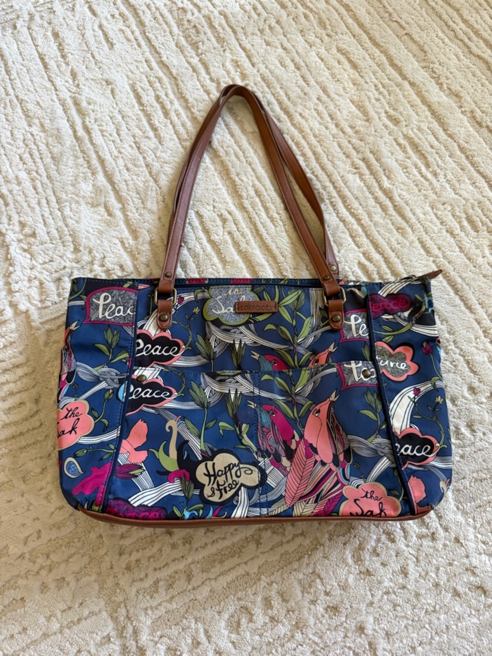 Sakroots Artist Circle Tote Bag Peace Print Birds Floral Large Shoulder Bag